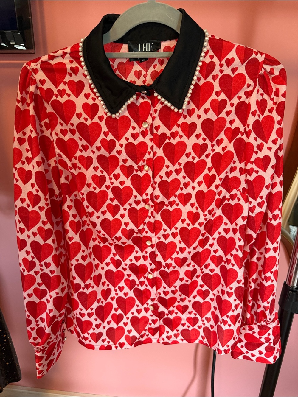 Pearl-Trim Black Collar Heart-Print Blouse - Red